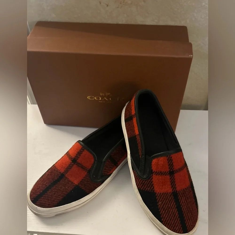Coach Red and Black Plaid Slip-On Loafers